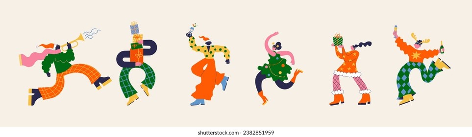 Fun Merry Christmas and Happy New Year collection of groovy people, hippie bizarre disproportionate vector characters, wearing Santa hat and Xmas costumes, dancing, jumping and drinking champagne