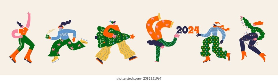 Divertida Feliz Navidad y Feliz Año Nuevo colección de groovy, bizarros personajes desproporcionados, usando sombrero de Santa y disfraces de Navidad, bailando, saltando y bebiendo champán. Vector