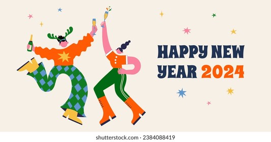 Fun Merry Christmas and Happy New Year banner, Christmas background and card with groovy, hippie bizarre disproportionate characters, wearing Santa hat, dancing, jumping and drinking champagne. Vector