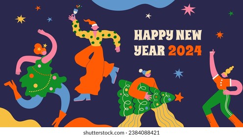 Fun Merry Christmas and Happy New Year banner, Christmas background and card with groovy, hippie bizarre disproportionate vectorcharacters, wearing Santa hat, dancing, jumping and drinking champagne. 