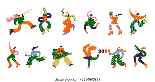 Fun Merry Christmas and Happy New Year collection of groovy people, hippie bizarre disproportionate vector characters, wearing Santa hat and Xmas costumes, dancing, jumping and drinking champagne