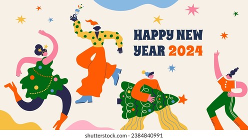 Fun Merry Christmas and Happy New Year banner, Christmas background and card with groovy people, hippie bizarre disproportionate vector characters