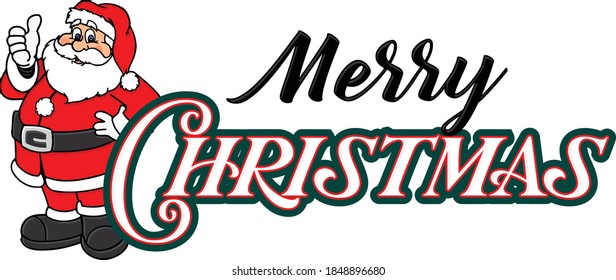 Fun Merry Christmas Santa Claus cartoon illustration with text in script and multiple colors. Horizontal layout Illustrator eps vector graphic design.