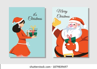 Fun merry Christmas time cartoon card  collection set with Santa Claus and girl
