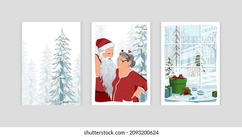 Fun Merry Christmas time cartoon cards collection set with cute illustrations, surprise gift boxes, Christmas tree, and happy elderly people.