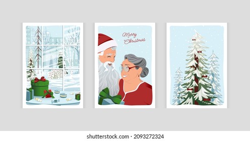 Fun Merry Christmas time cartoon festive cards bundle set with cute illustrations of Xmas and Santa, surprise gift boxes, Christmas tree, and happy elderly people.