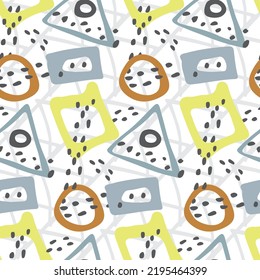 Fun Midcentury Modern Memphis Style Seamless Vector Pattern Background. Backdrop With Naive Circles, Triangles, Squares And Dots In Red Yellow Blue. Relaxed Arty All Over Print. Gender Neutral