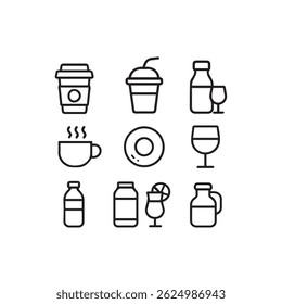 A fun and minimal collection of 9 cute beverage icons, including coffee, juice, soda, tea, and more—perfect for cafes, menus, or food apps.