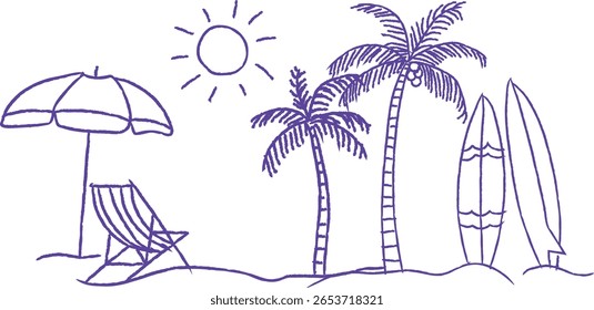 Divertido e mínima ilustração de arte de linha de praia de verão em roxo. Apresenta palmeiras, pranchas de surfe, cadeira de convés, guarda-chuva e sol — perfeito para designs tropicais, de viagem, férias ou temáticos de verão.