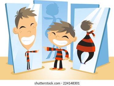 Fun Mirror House With Boy Playing Cartoon Vector Illustration