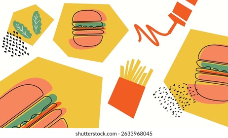 Fun mix of burgers, fries, greens, and ketchup on yellow-white base. Perfect for fast food packaging, snack branding, and retro visuals.