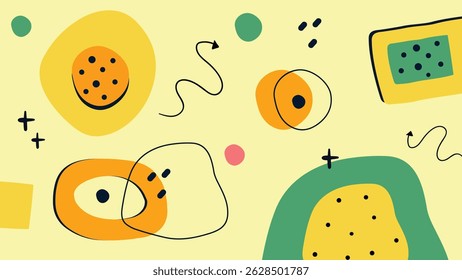 A fun and modern abstract illustration with colorful hand-drawn elements, expressive lines, and vibrant shapes over a light yellow background. Ideal for youthful design projects.