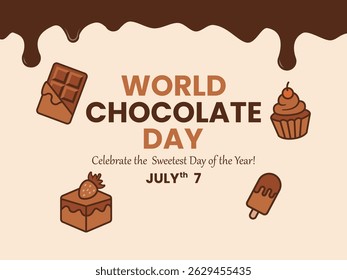 Fun and modern flyer design for World Chocolate Day, featuring flat-style chocolate icons including a bar, cupcake, cake slice, and ice cream. Set on a creamy background with dripping chocolate design