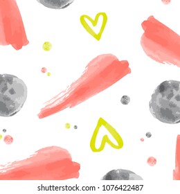 Fun and modern seamless pattern texture painted with watercolors. Brush strokes, dots and hearts in yellow, pink and gray on a transparent background. This is part of the yellow collection.