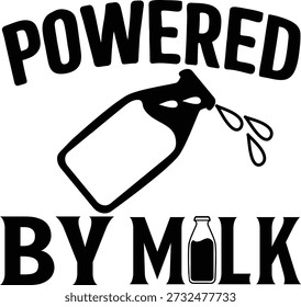 Un diseño tipográfico divertido y moderno con la frase "Powered by Milk" y un gráfico de botella de leche. Ideal para ropa de bebé, diseños relacionados con la lactancia, artículos de guardería, regalos de baby shower, carteles y Mercancía de crianza humorística.
