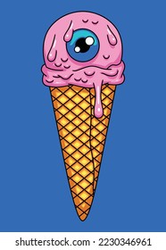 Fun modern vector illustration, in cartoon style, of a scoop of strawberry ice cream with the pupil of an eye in the middle, in a cone.