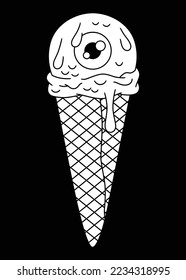 Fun modern vector illustration, in cartoon style, black and white and outlined, of a scoop of ice cream with the pupil of an eye in the middle, in a cone.