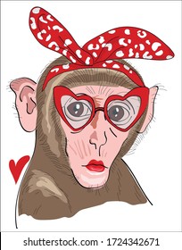 Fun monkey with glasses and a bow isolate on white background. 
Happy Birthday  Humor card, t-shirt design composition, Pin up style print. Vector stock illustration.