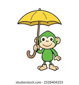 Fun Monkey Holding Frog Themed Umbrella Vector for Children's Coloring Pages.