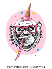 Fun Monkey in a ice cream party hat, in a glasses, and with a whistle blowing on a pink background. Happy birthday humor card, t-shirt composition, hand drawn style print. Vector illustration.