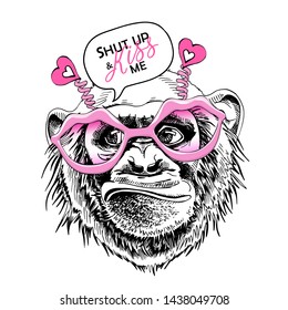 Fun Monkey in a pink Lips Sunglasses with hearts. Shut up and kiss me - lettering quote. Humor Card of a Valentine's day, t-shirt composition, hand drawn style print. Vector illustration.