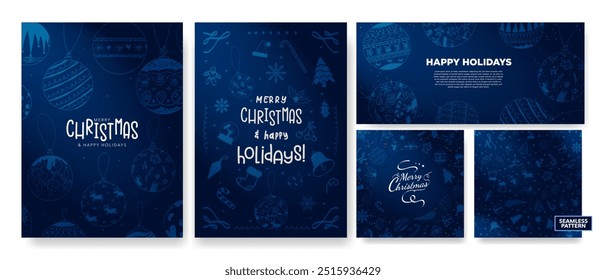 Fun Monochromatic Christmas Greeting Card Posters and banner, with seamless xmas pattern with decorative xmas winter elements. Hand drawn Doodle Illustrations and typography. Vector Illustration.