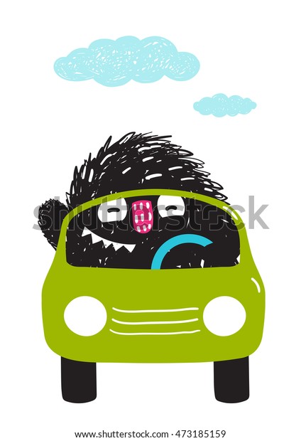 Fun Monster Driving Car Cartoon for Kids. Happy\
funny little monster in action for children cartoon illustration.\
Vector drawing.
