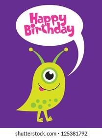 fun monster happy birthday card. vector illustration