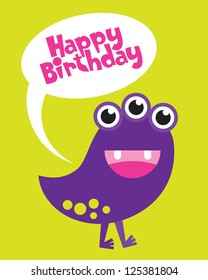 fun monster happy birthday card. vector illustration
