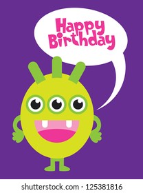 fun monster happy birthday card. vector illustration