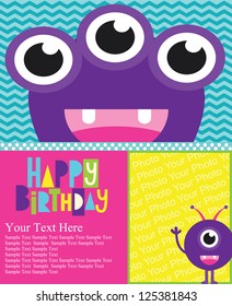 fun monsters happy birthday card. vector illustration