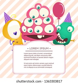 Fun Monsters Happy Birthday Card. Monster Party Invitation Card Design. Vector Illustration.