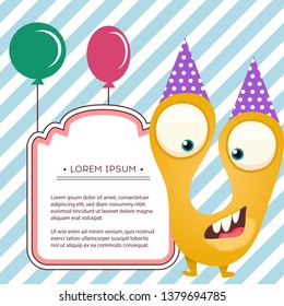 Fun monsters happy birthday card. monster party invitation card design. Vector illustration.