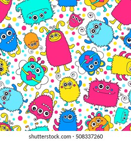 Fun monsters. Vector seamless pattern with nice hand drawn monsters. Bright background for children.