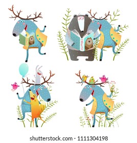 Fun Moose with Bear and Fox Friend. Colorful moose bear fox cartoon for kids set. Vector illustration.