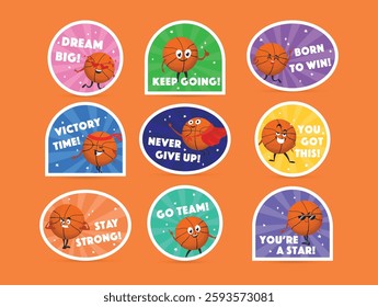 Fun and motivational basketball stickers featuring vibrant designs and encouraging messages for athletes