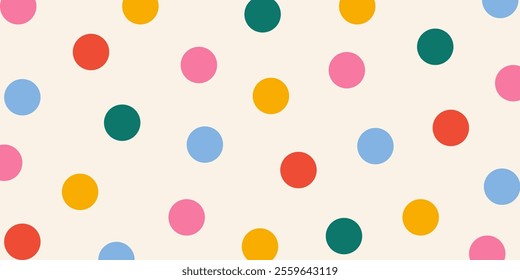 Fun multi colored polka dot pattern on beige background. Abstract hand drawn illustration in doodle style. Colorful confetti design.