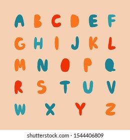 Fun multicolor english letters. Cute alphabet. Colorful hand drawn lettering. Kid design for poster, card. Children typography template. Stock vector illustration.