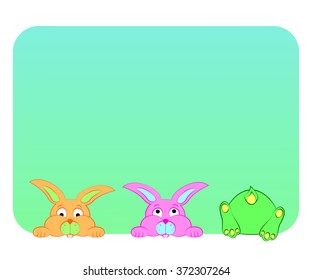 Fun , multi-colored rabbits look out of the window on a blue background .
