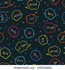 Fun multilingual colorful seamless pattern - greeting in various languages, conversation, communication background, great for neon fabrics, gift wrapping, invitations - vector surface design