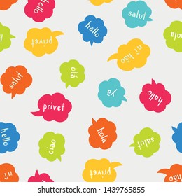 Fun multilingual colorful seamless pattern - greeting in various languages, conversation, communication background, great for neon fabrics, gift wrapping, invitations - vector surface design