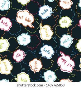 Fun multilingual colorful seamless pattern - greeting in various languages, conversation, communication background, great for neon fabrics, gift wrapping, invitations - vector surface design