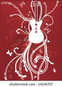 Fun musical background with electric guitar, no gradients.