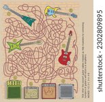 Fun Musical Instrument Guitar and amplifier Maze Page with block path, numbers, start, finish, Children Activity Page 