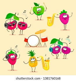 Fun and musical set of cartoon fruits. Vector fruit isolates on white background