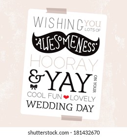 Fun mustache geek illustration happy wedding day card hipster cover typography design background template in vector 