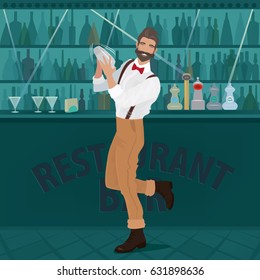 Fun and mustachioed bartender hipster with suspenders and red bow tie demonstratively shakes the contents in the shaker, preparing a cocktail. Full-length view. Vector illustration