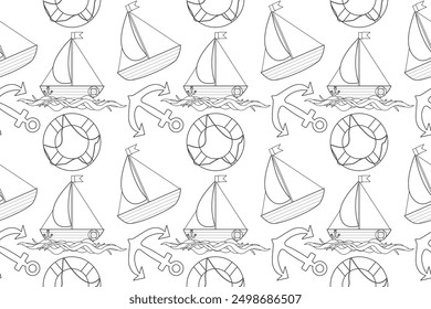 Fun nautical-themed coloring page pattern featuring boats, anchors, and lifebuoys. Perfect for kids activities and creative coloring fun.