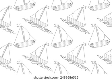 Fun nautical-themed coloring page pattern featuring boats, anchors, and lifebuoys. Perfect for kids creative activities.