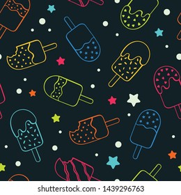 Fun neon colored popsicle ice cream seamless pattern, happy colorful and fresh repeat background with stars - great for summer themed fabrics and textiles, seasonal prints, wallpapers, invitations